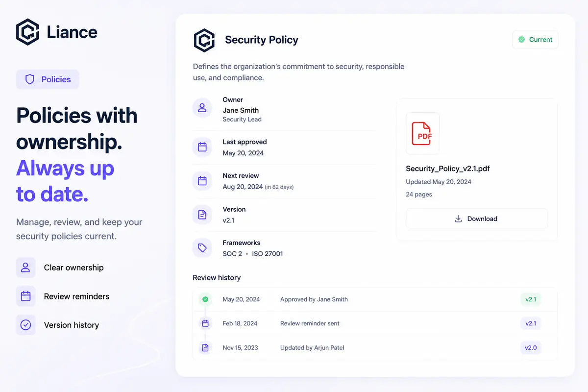 Governed workflows view showing policy rhythm, ownership, approvals, and versioned proof.